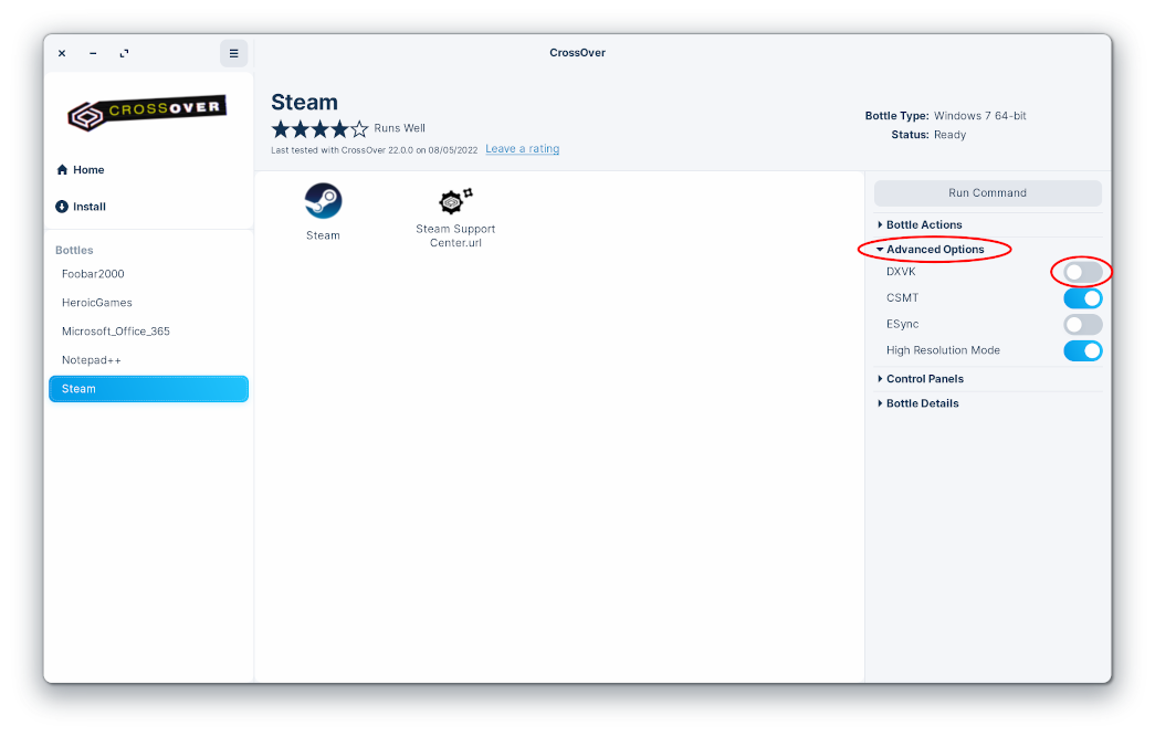 In CrossOver's Advanced options menu on your MacBook, find the DXVK setting and toggle it on to improve graphics compatibility for Overwatch.
