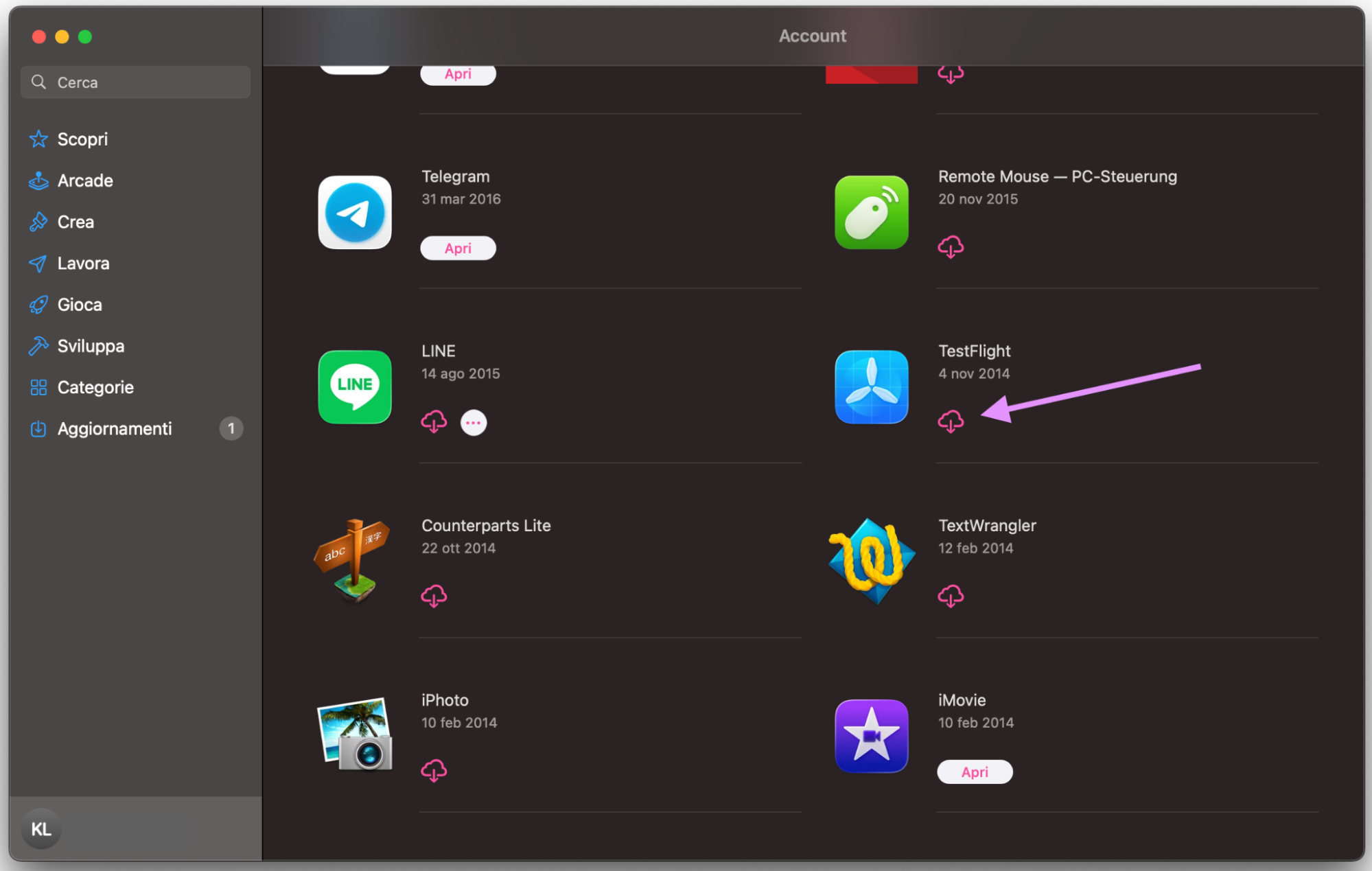 App Store su Mac mostra la schermata Account. Fai clic sul pulsante di download accanto a un’app per migrare le applicazioni sul nuovo Mac senza usare Assistente Migrazione.