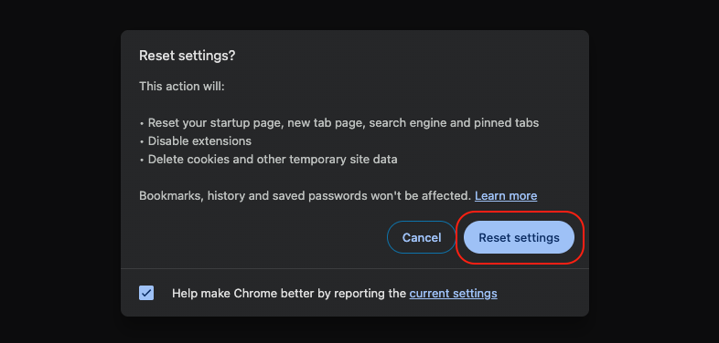 The Reset settings confirmation dialog in Chrome on a MacBook with the Reset Settings button clicked to fix the crashing browser.