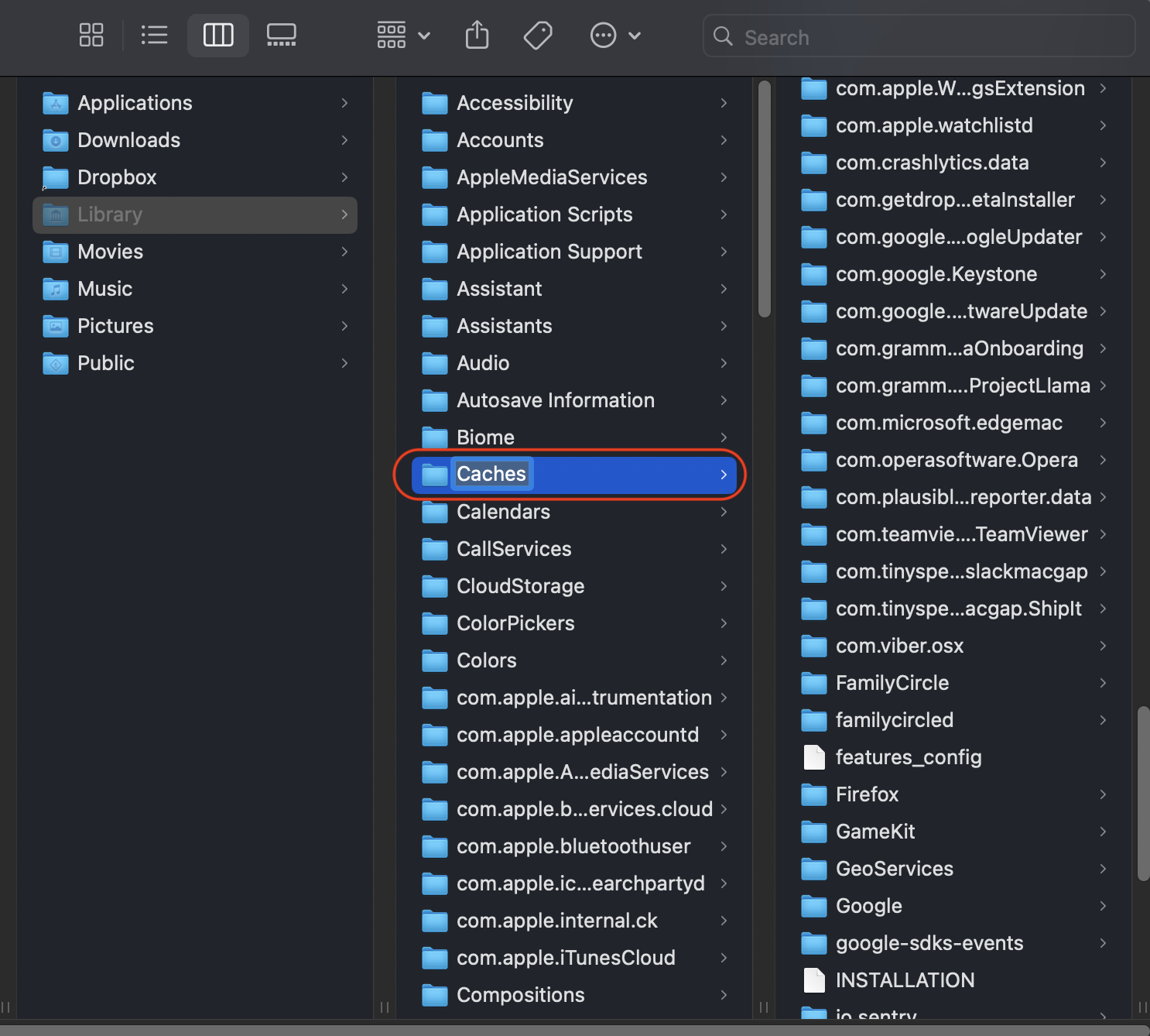 The second step in removing Dropbox cache manually is to go to the Library and open Cache folder within it.