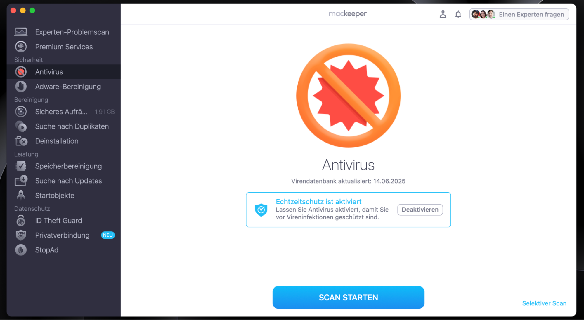 Starten Sie MacKeeper und wählen Sie Antivirus, um Ihren Mac auf Viren oder Malware zu überprüfen. Klicken Sie unten in der Mitte auf Scan starten, um den Vorgang zu beginnen.