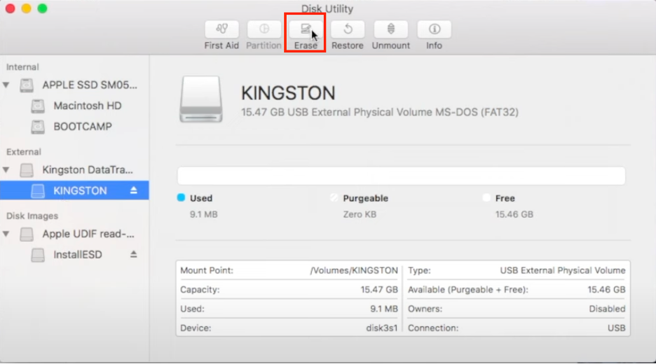 To create a bootable USB High Sierra installer, click the Erase button at the top menu in Disk Utility.