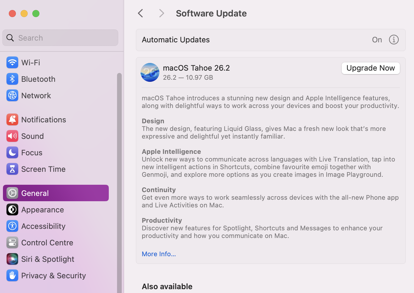 To check for any outstanding macOS updates, open your System Settings and go to the General Tab. From there, click on Software Updates, and if any updates are available, you can press Update Now.