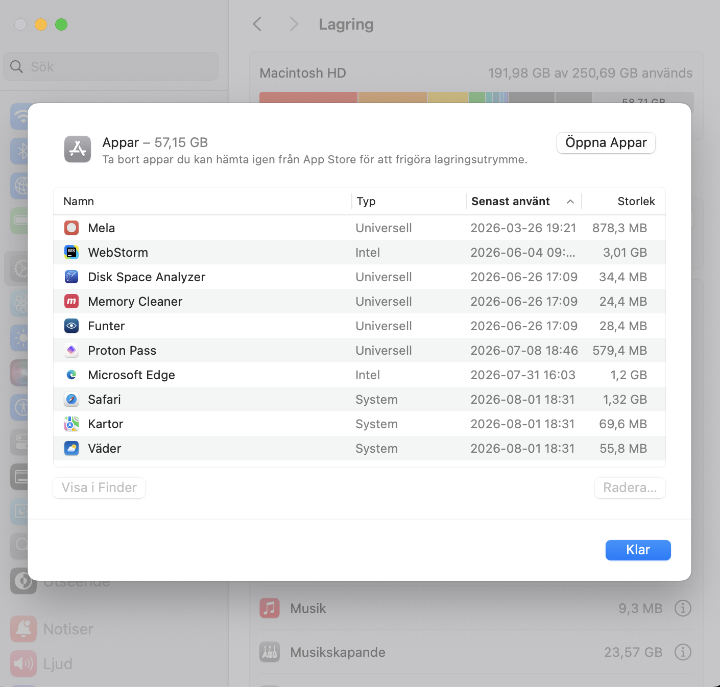 Under 'Appar' i din Macs lagringsinställningar kan du se alla installerade appar och när de senast användes samt hur stora de är.