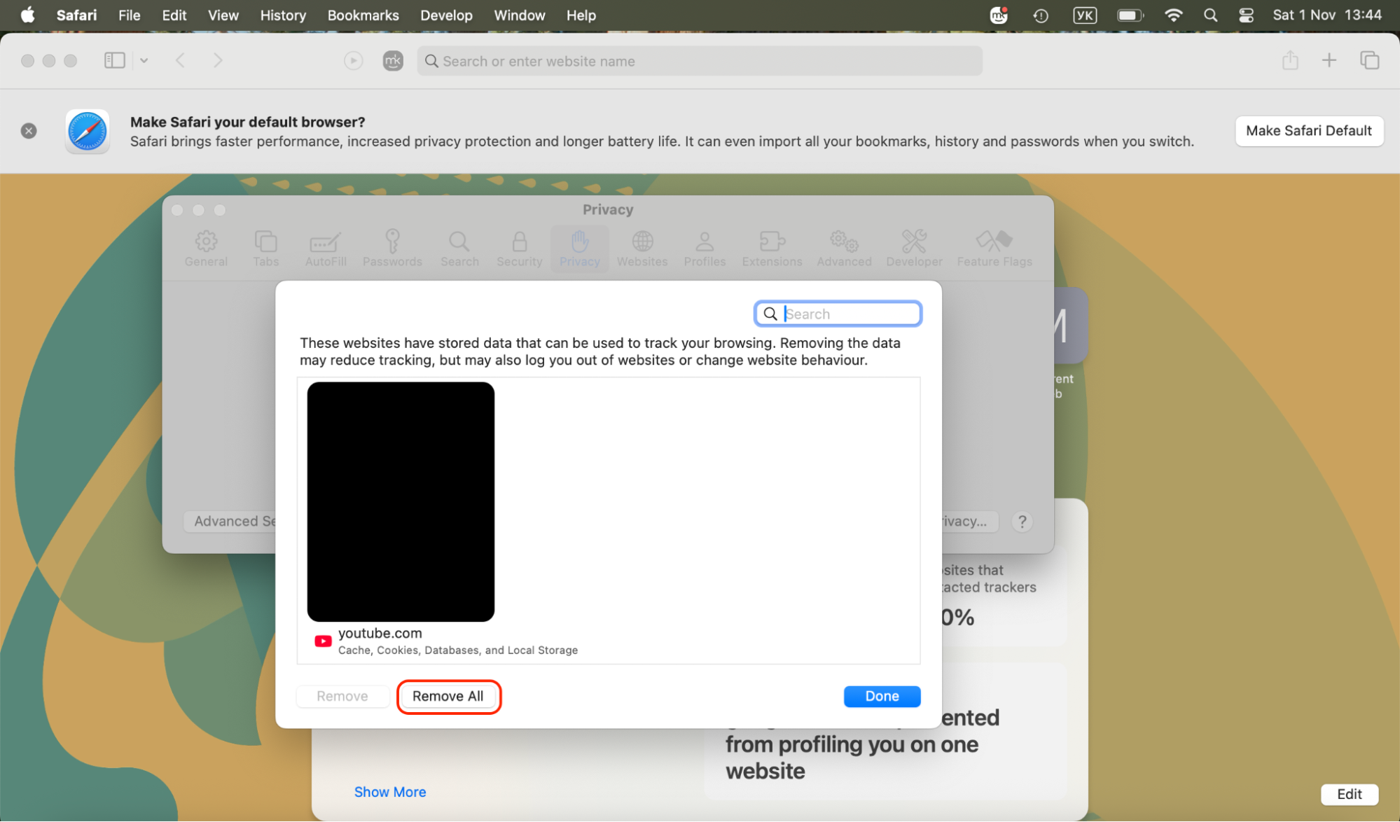 Click Remove All Website Data in the Privacy section to delete every stored cookie, cache, and site file, fully clearing Safari's browsing data on your Mac.