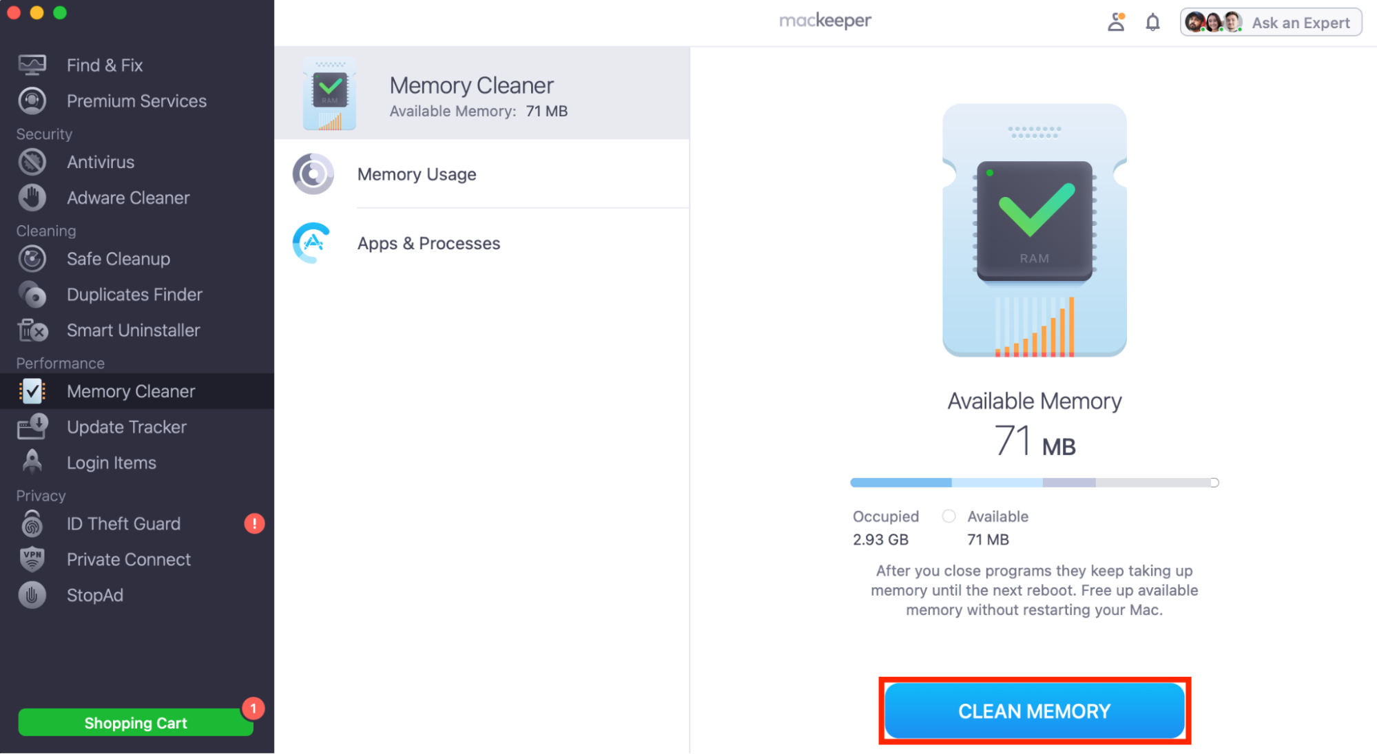 The Memory Cleaner utility in MacKeeper for Mac. You can use this to free up memory and speed up your system when the corespotlightd process starts hogging system resources.