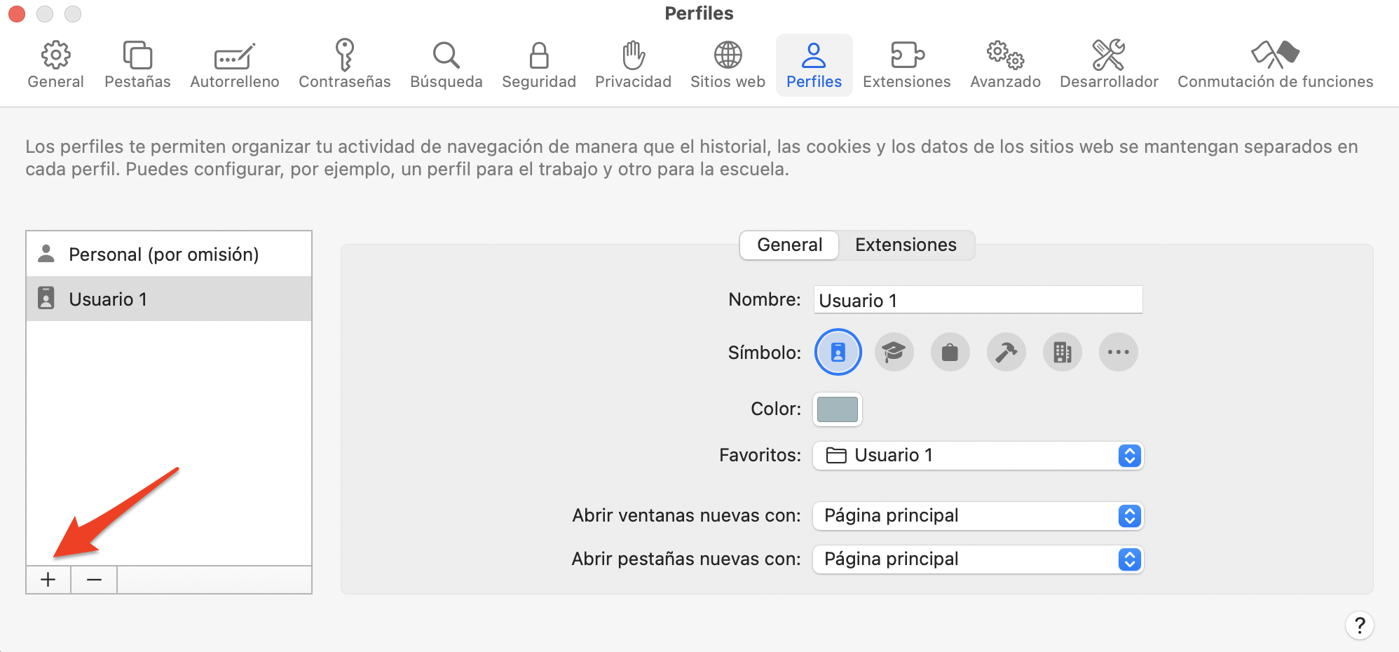 El menú Perfiles dentro de Safari en Mac mostrando todos los perfiles disponibles. Haz clic en el botón + para crear un nuevo perfil de usuario.