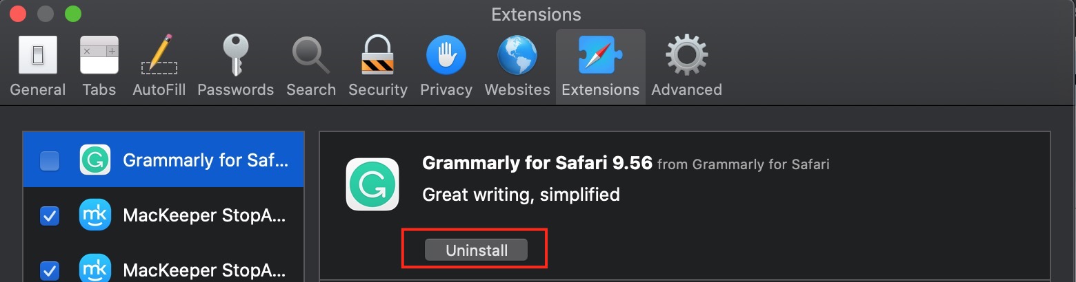  The process of deleting malicious extensions from Safari on its final stage after navigation to the Extensions tab of Safari Preferences and selecting an Uninstall button