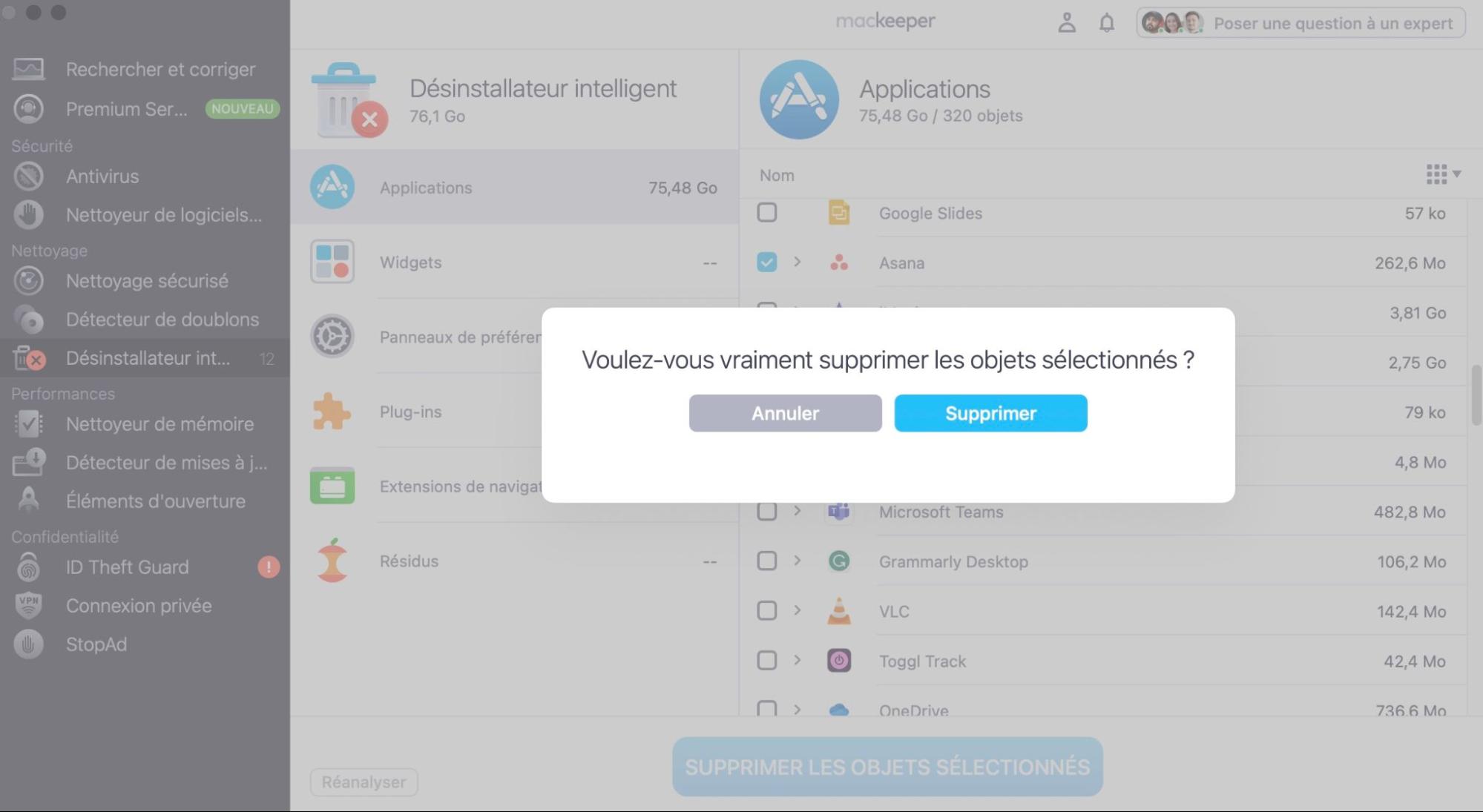 Utilisez le désinstalleur intelligent de MacKeeper pour supprimer les extensions du système et les autres programmes qui pourraient causer des problèmes sur votre ordinateur. Allez dans Nettoyage > Désinstallateur intelligent, avant de cocher vos éléments et de les supprimer.