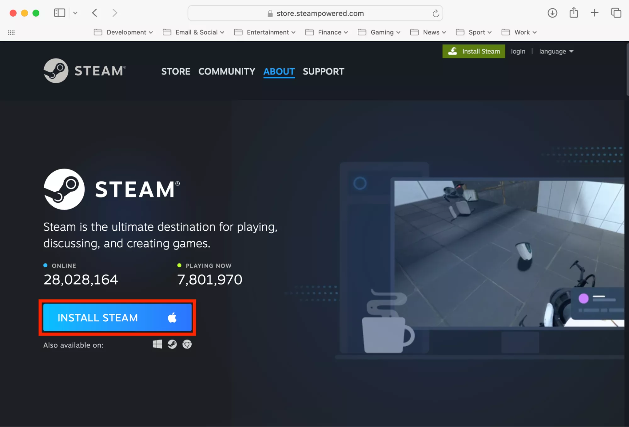 The Steam website in Safari on Mac. From here, you can download the official Steam installer, where you can access the Steam store and download Windows games on Mac.