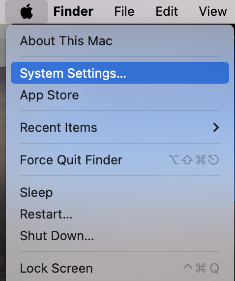 The Apple menu on a Mac, with System Settings highlighted. How to protect Mac from ransomware: use additional authentication.