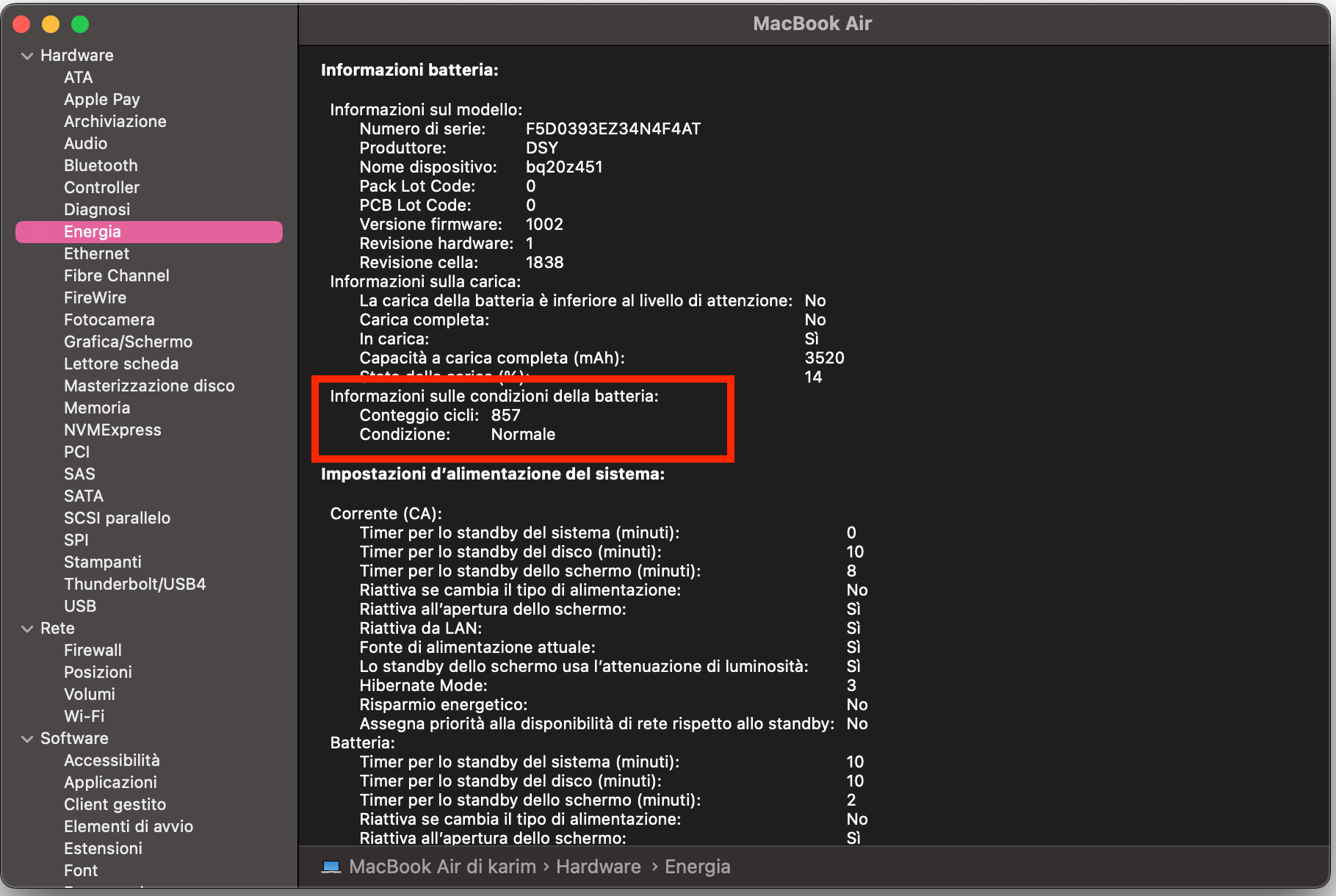 Resoconto di sistema sul Mac mostra le informazioni di alimentazione di un MacBook. Controlla la sezione Informazioni stato batteria per verificarne lo stato.