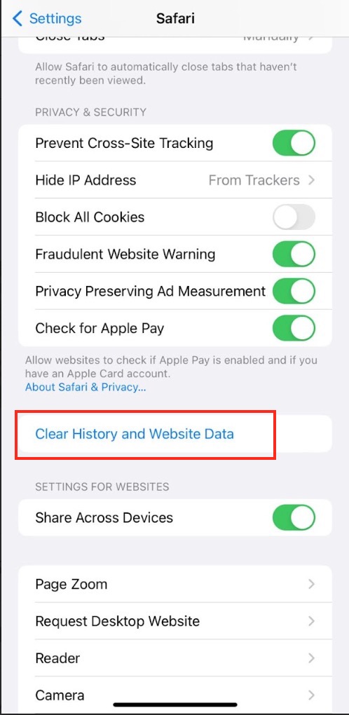 The process of clearing history and website data in Safari is highlighted with a red box and requires user's tapping on it