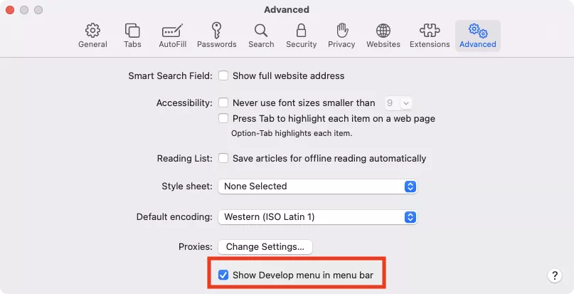 tick Show Develop menu in menu bar in safari preferences