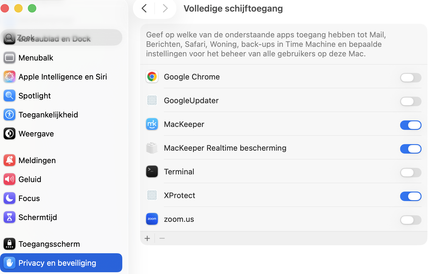 Scrol in de sectie ‘Volledige schijftoegang’ omlaag door de lijst totdat je ‘Terminal’ ziet. Klik op de schakelaar om het in te schakelen.