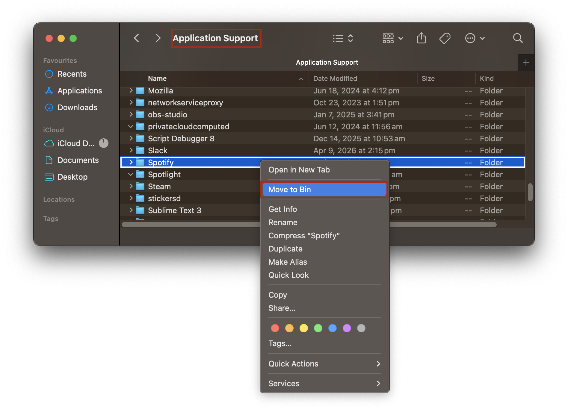 Application Support folder on a MacBook with a right-click context menu on the Spotify subfolder showing Move to Bin highlighted.