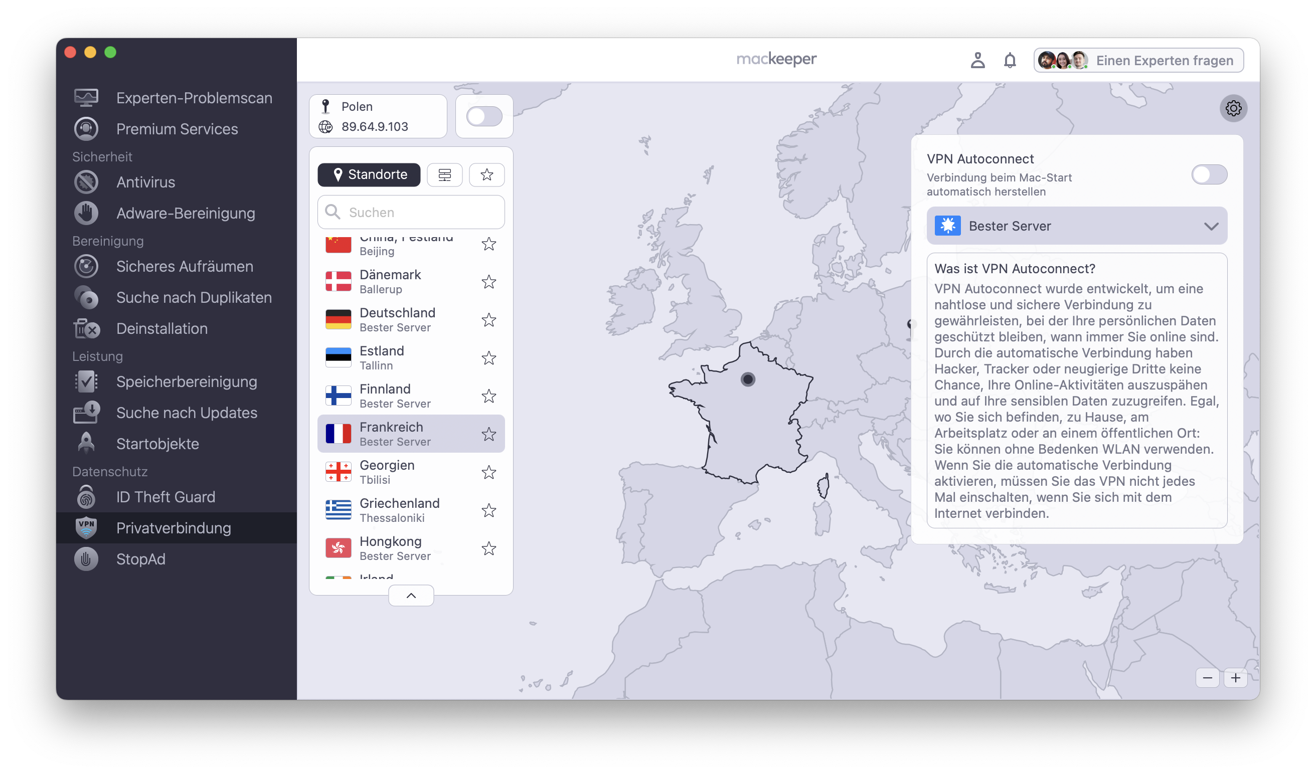Um Ihre Privatsphäre im Internet zu schützen, starten Sie MacKeeper und wählen Sie im Bereich Datenschutz die Option Privatverbindung aus. Wählen Sie den Standort aus und klicken Sie auf Aktivieren.