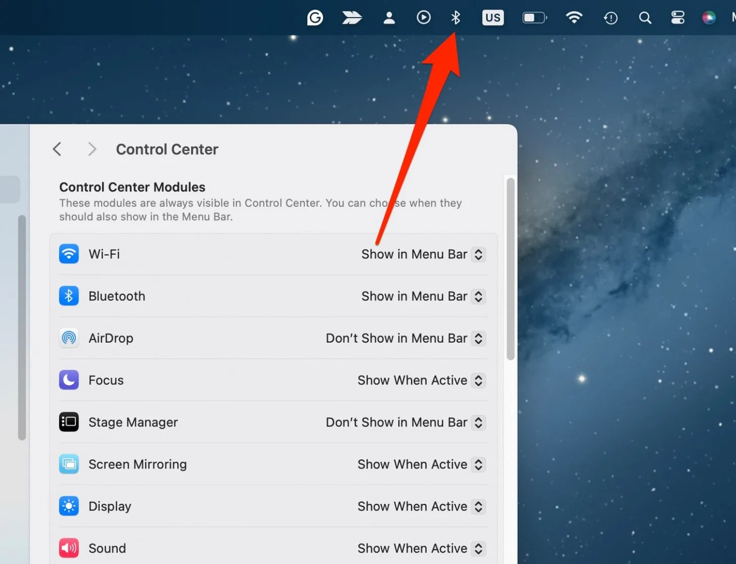 After enabling the Show in Menu bar feature in System Settings, the Bluetooth icon appears in the Menu bar.