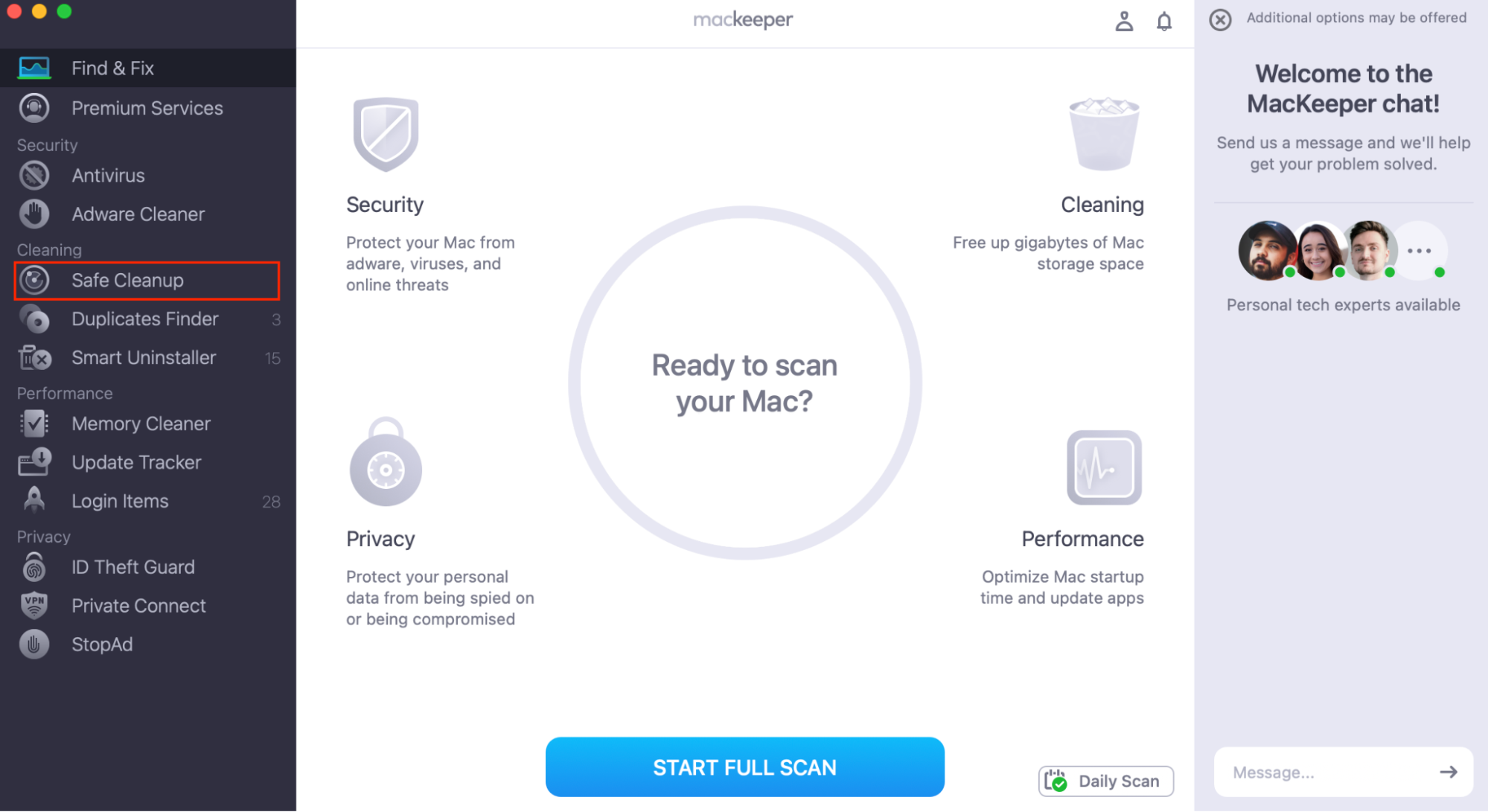 MacKeeper’s home screen, with Safe Cleanup highlighted in the sidebar. Step one of a guide on how to delete application cache on Mac, using a cleaner.