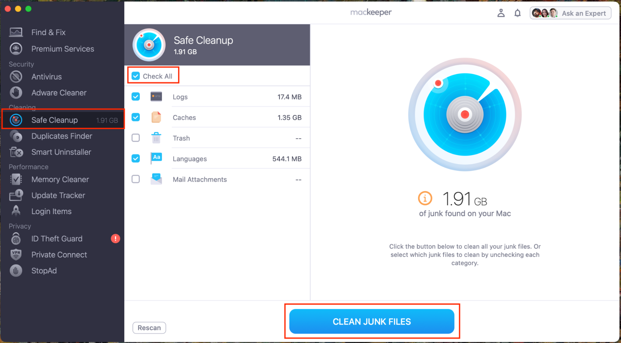 To clear all useless cache files - included those generated by Hulu - open MacKeeper and select Safe Cleanup. Then, hit Scan - and tick the Caches option once the scan is complete. Finally, hit Clear Junk Files.