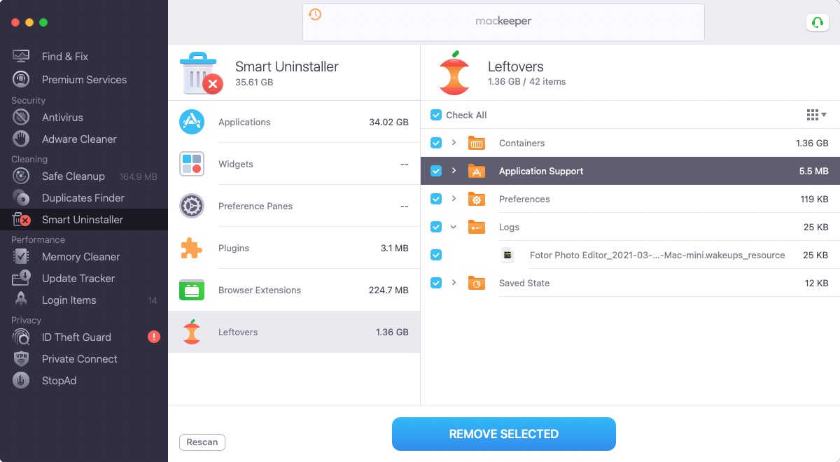The Smart Uninstaller app is chosen within MacKeeper to display the effective method of automatic removal of the app’s hidden files.