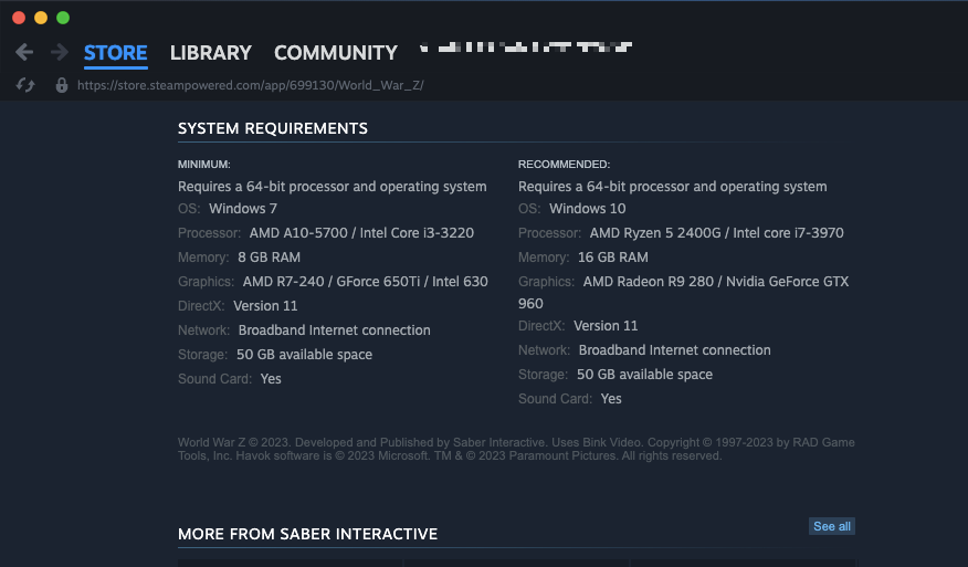 Many games are only available for Windows. Here, for example, World War Z, can be viewed in the Mac version of Steam, but you need Windows to run it.