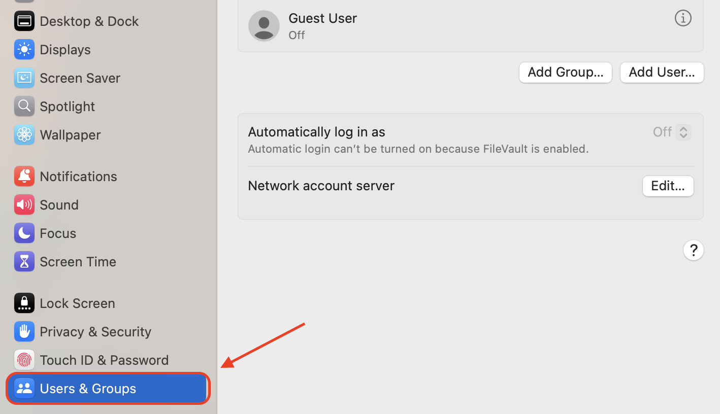 Open System Settings and navigate to Users & Groups to manage user accounts or create a new profile for troubleshooting system-specific issues.
