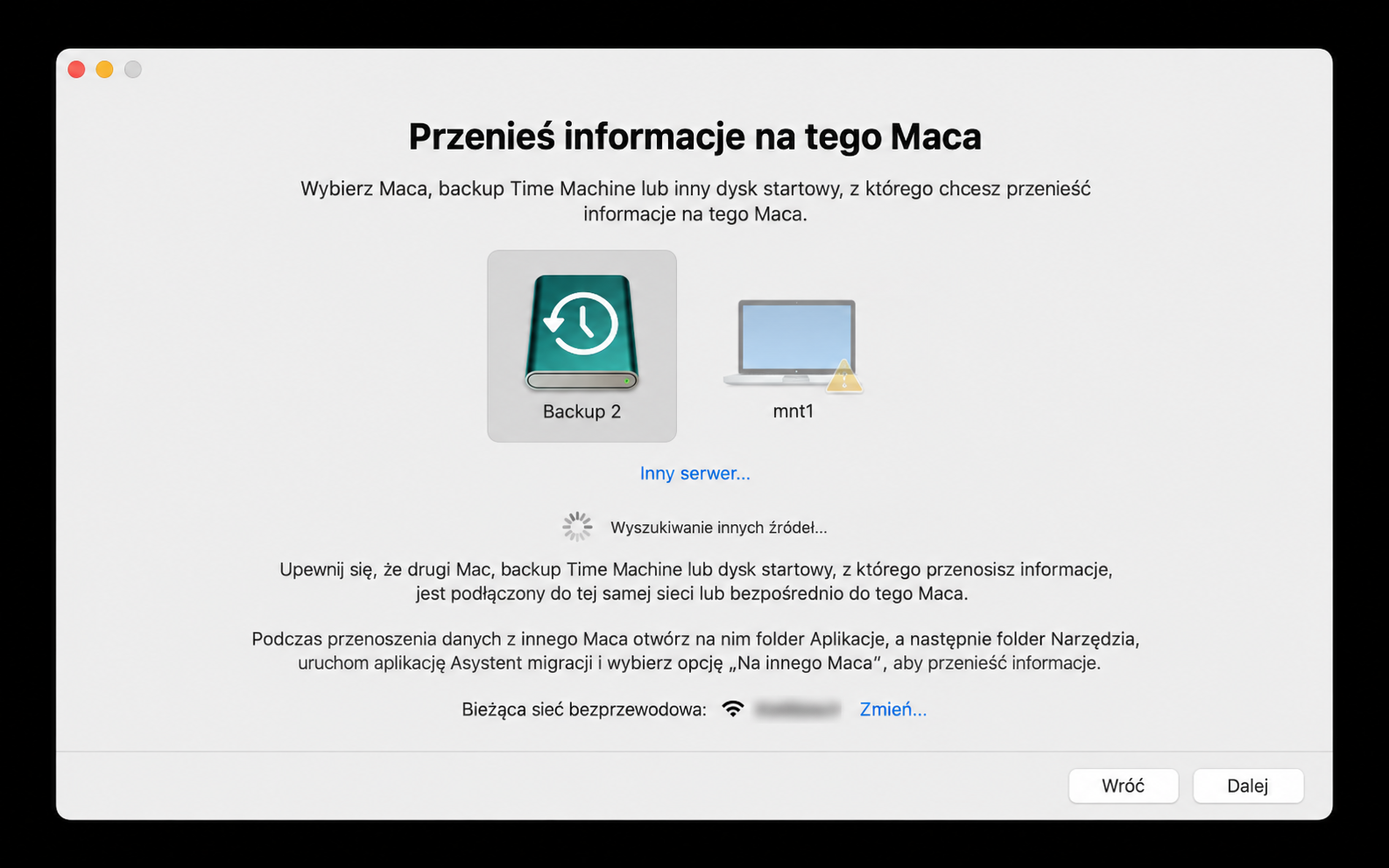 Z listy wybierz dysk, na którym przechowywana jest Twoja kopia zapasowa Time Machine. Zwykle jest to zewnętrzny dysk twardy.