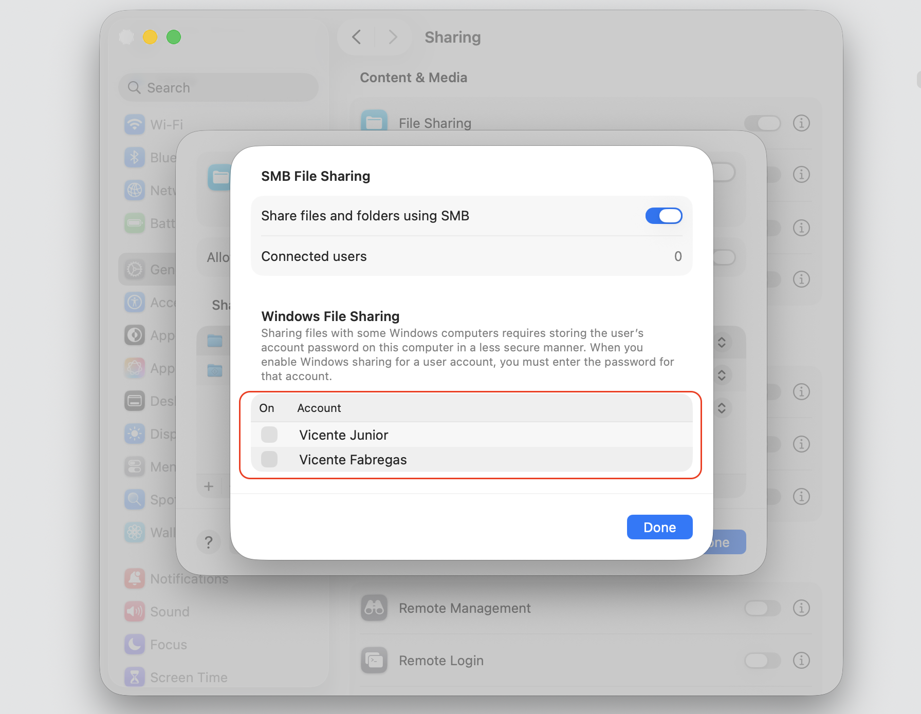 The SMB File Sharing options on macOS, where you select the user account you want to share with a Windows PC over the local network.