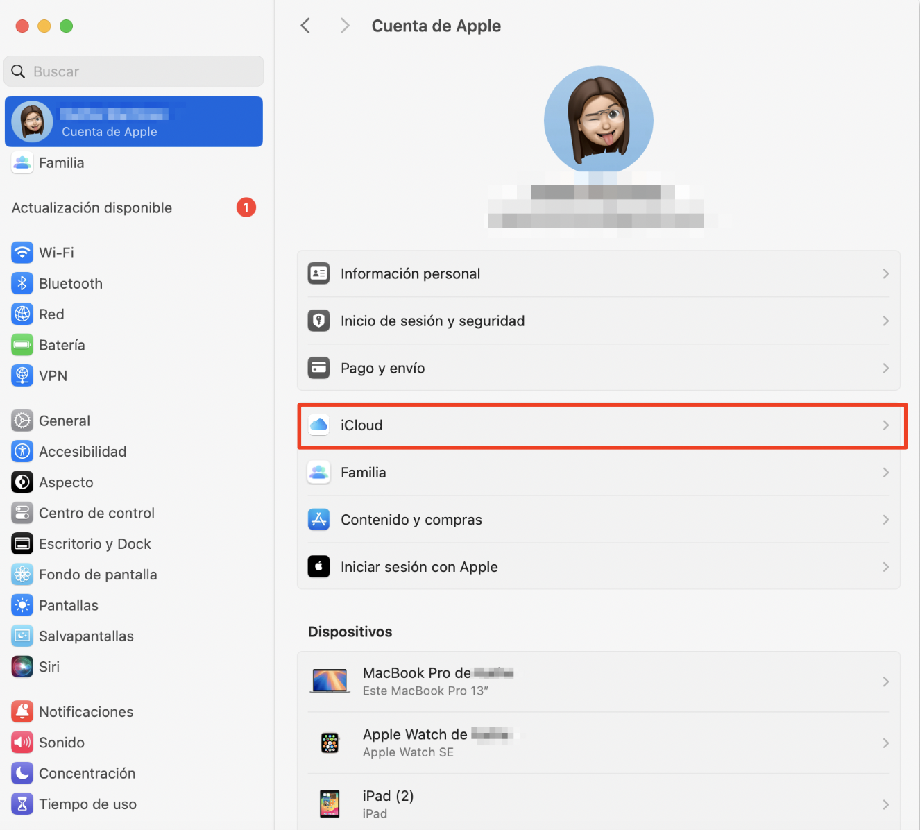 Ajustes del sistema en un Mac, abra a ID de Apple. iCloud está seleccionado. Cómo arreglar servicio de cuentas quiere usar el llavero de inicio de sesión.