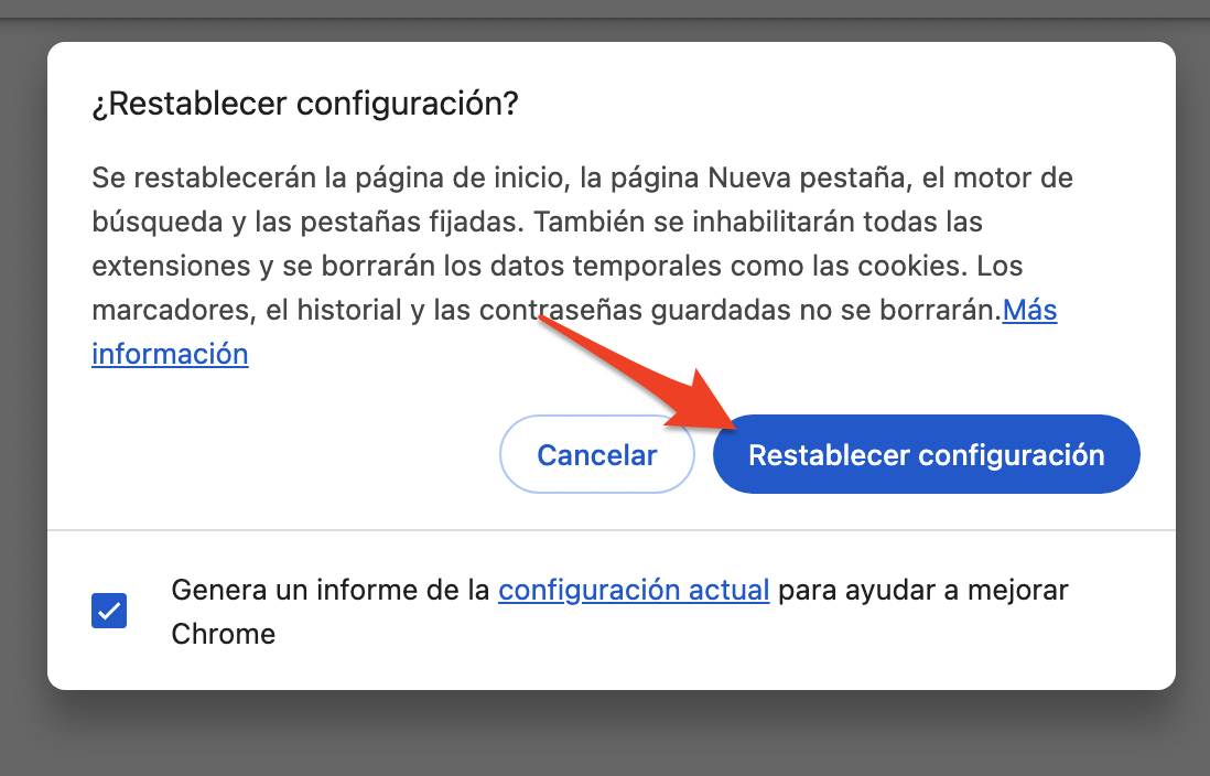 Haz clic en el botón Restablecer configuración para completar el proceso.