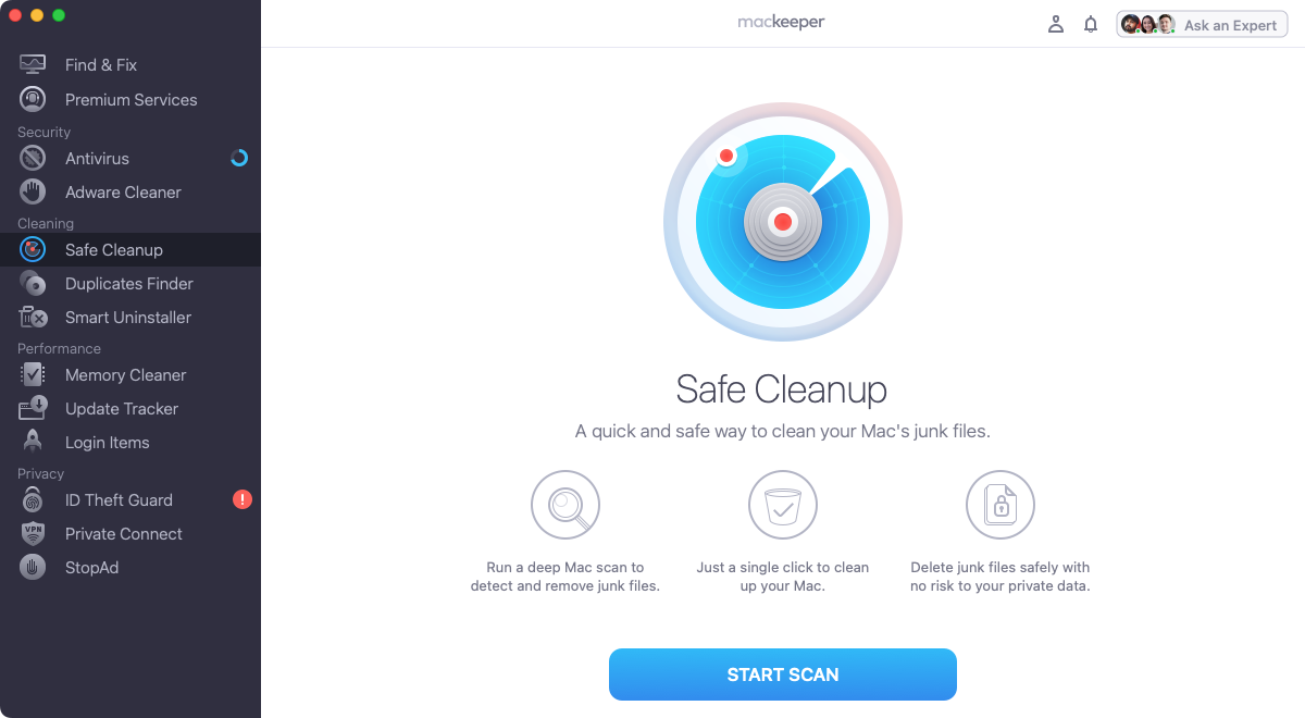 To start cleaning up your Mac, select 'Safe Cleanup' from the MacKeeper sidebar, then click the blue 'Start Scan' button.