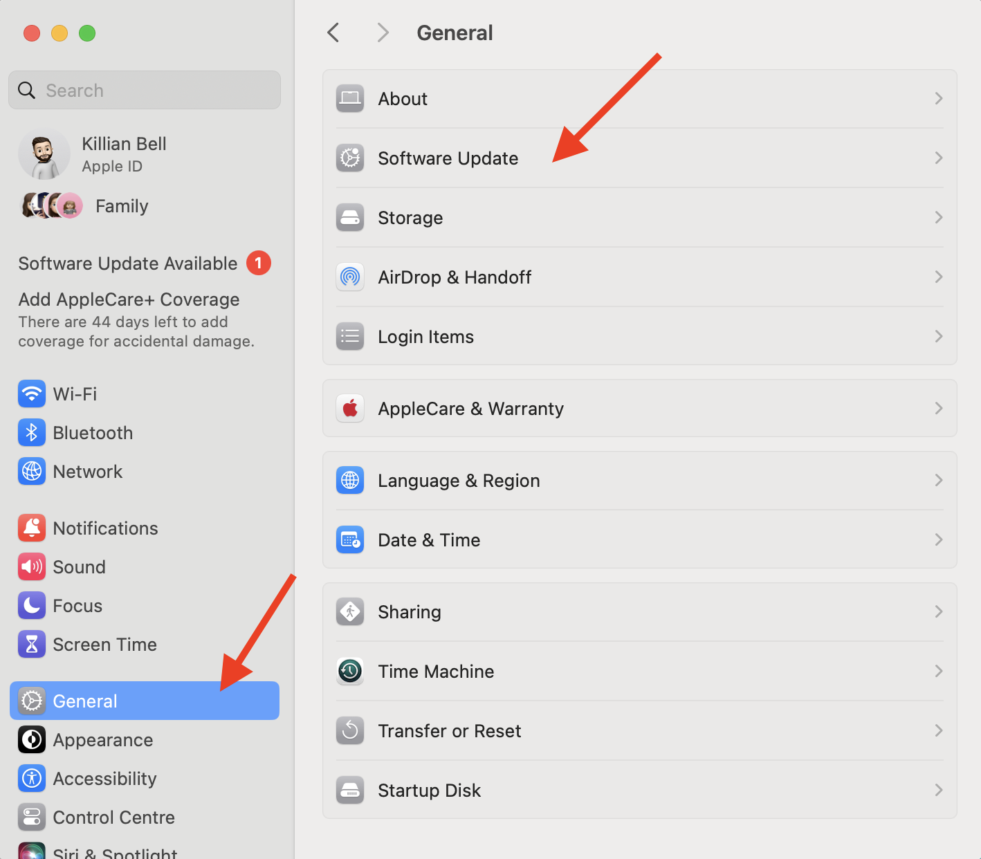 The System Settings app on Mac showing the General menu. Select Software Update to update macOS.
