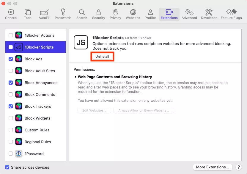The Safari settings menu on Mac showing all Extensions. Select an extension that may be associated with OSX.Bundlore adware, then click Uninstall to delete it.