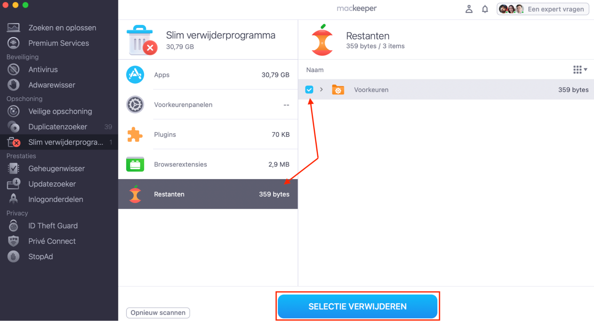 De Slim Verwijderprogramma-functie van MacKeeper op een Mac. Nadat je Restbestanden hebt geselecteerd, kun je onnodige bestanden kiezen en vervolgens op Verwijder geselecteerde klikken om ze te verwijderen.