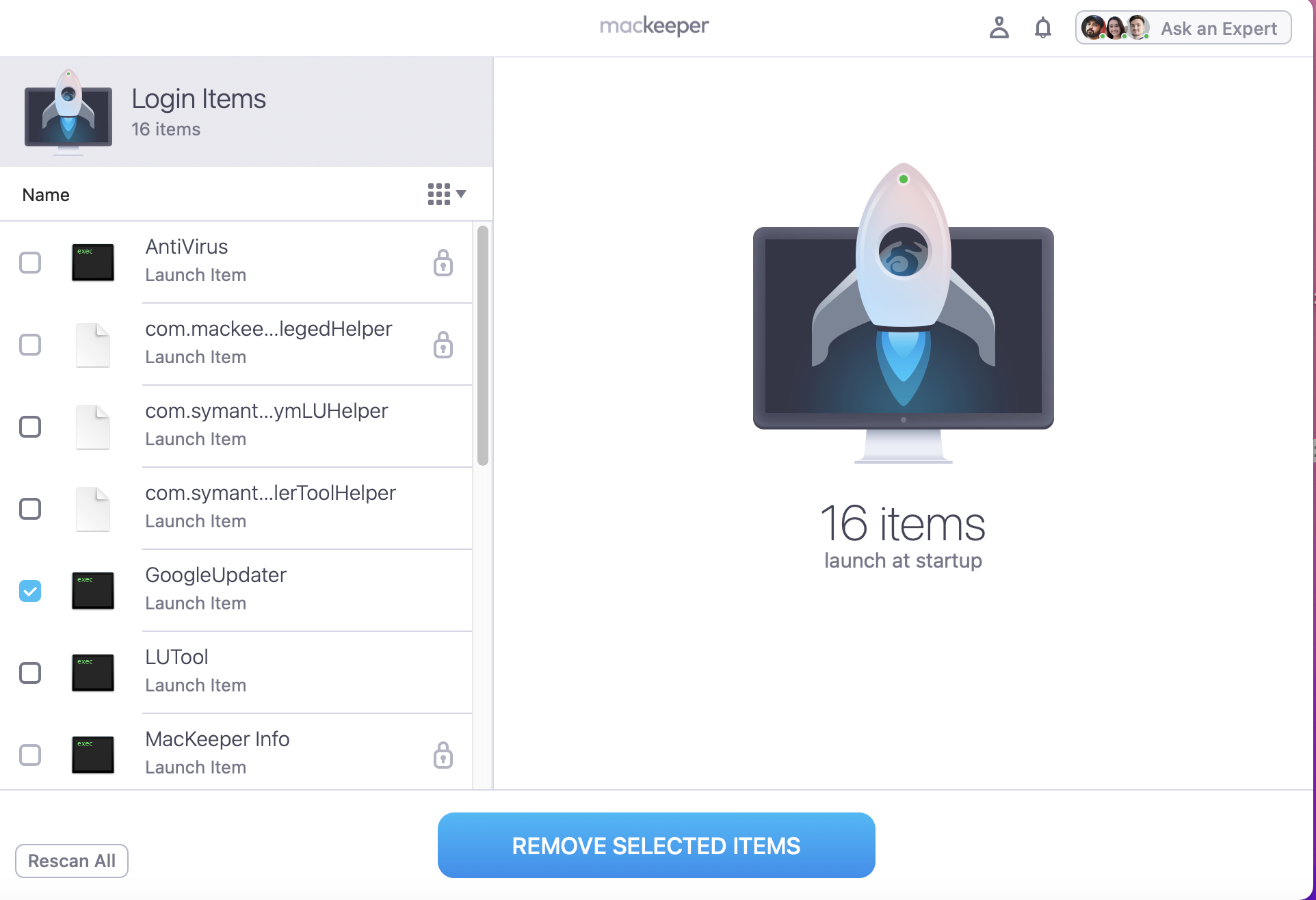 Let MacKeeper scan your Mac and then after a few seconds all the start-up and login processes will be listed for you to look though. If there are any you do not recognize or suspect to be malicious, then you can tick the items and click the Remove Selected Items button.