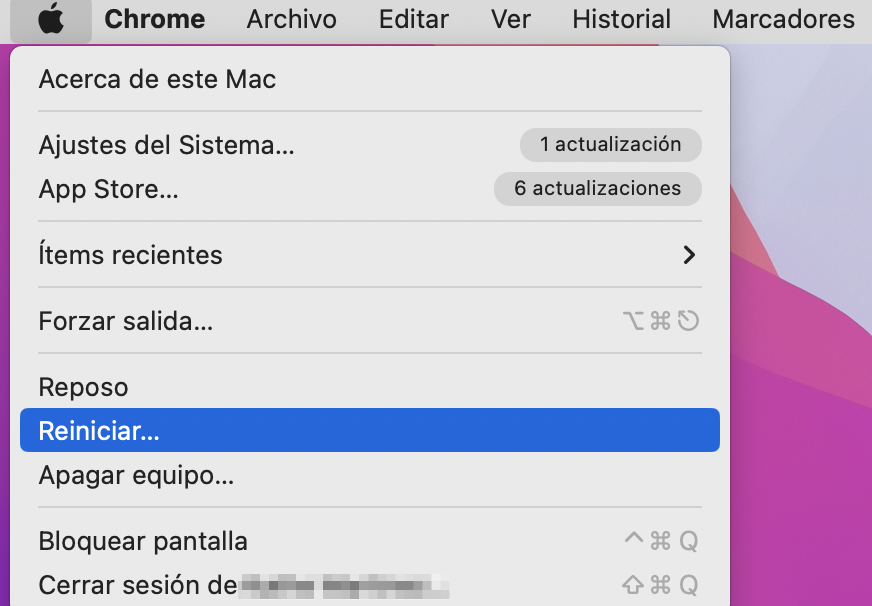 El menú Apple del Mac se muestra una lista de opciones básicas. Haz clic en Reiniciar para reiniciar el Mac.