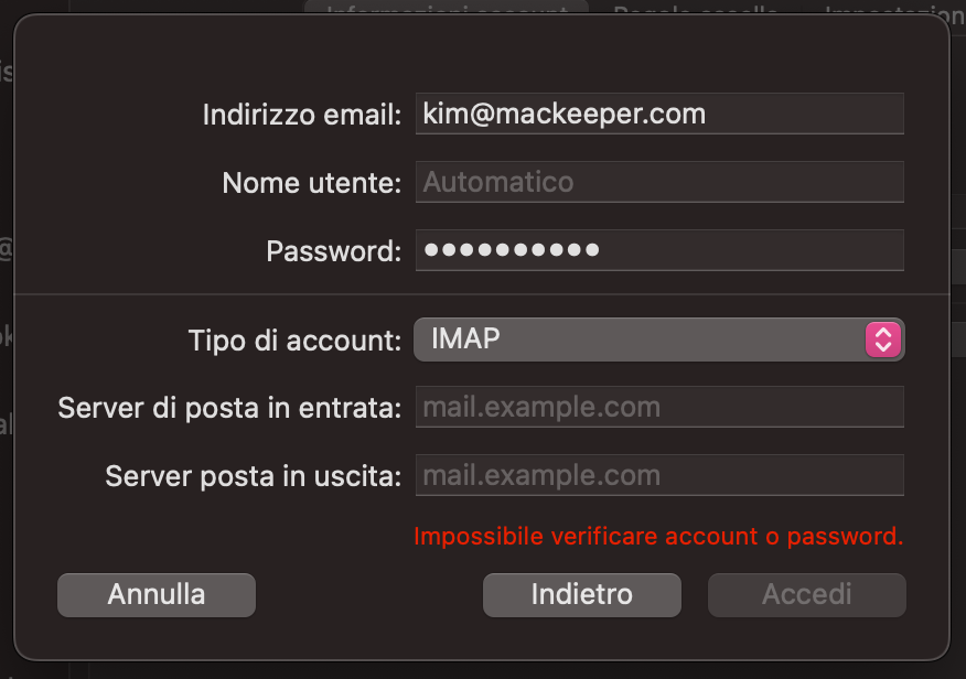 Infine, per completare il processo di aggiunta di un nuovo account Mail su Mac, inserisci i dettagli del server in entrata e in uscita e fai clic su Accedi.