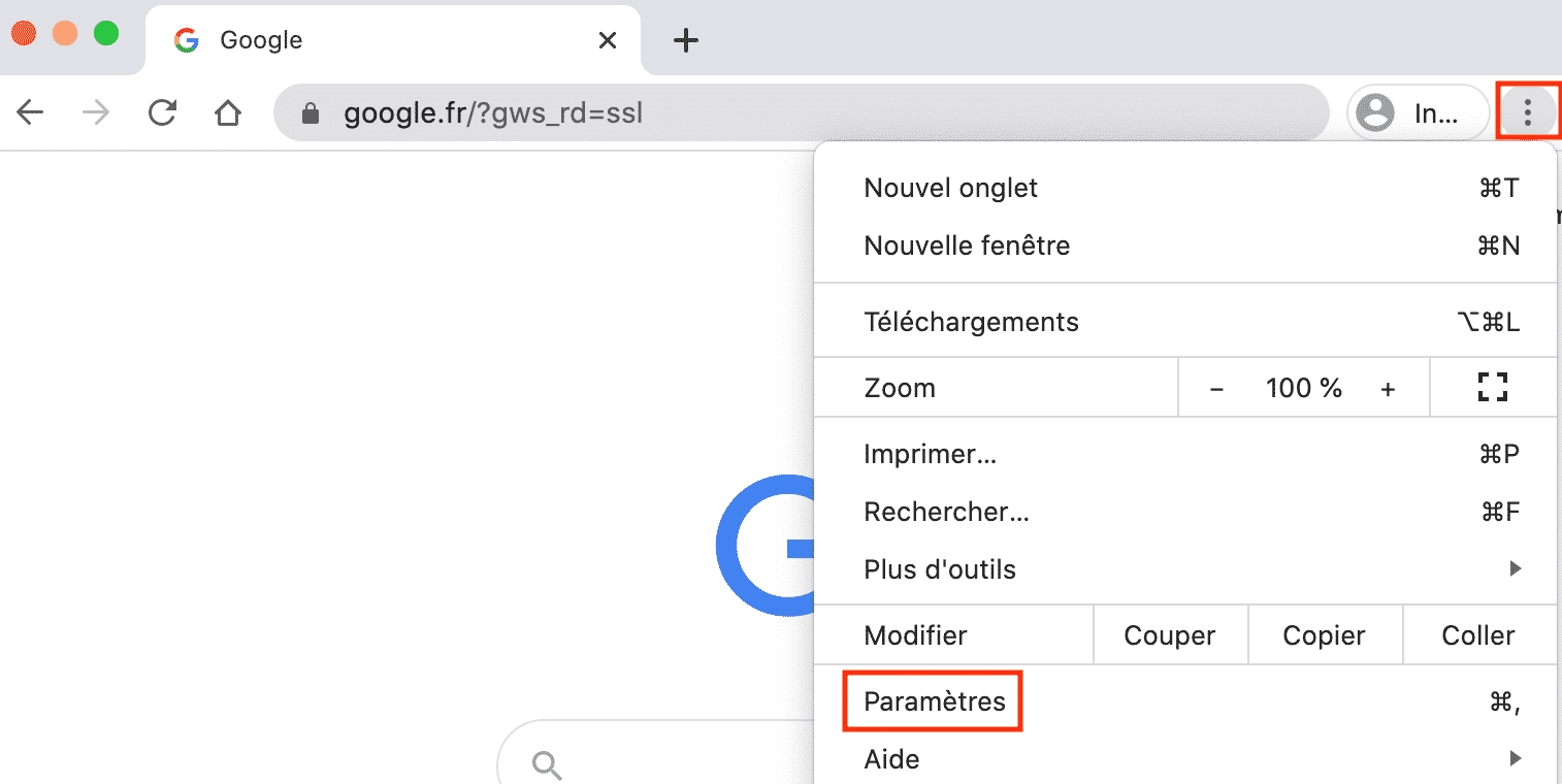 Pour activer Adobe Flash Player dans Google Chrome, la marche à suivre est très similaire. Commencez par ouvrir Google Chrome et cliquez sur les trois points pour accéder aux Paramètres.