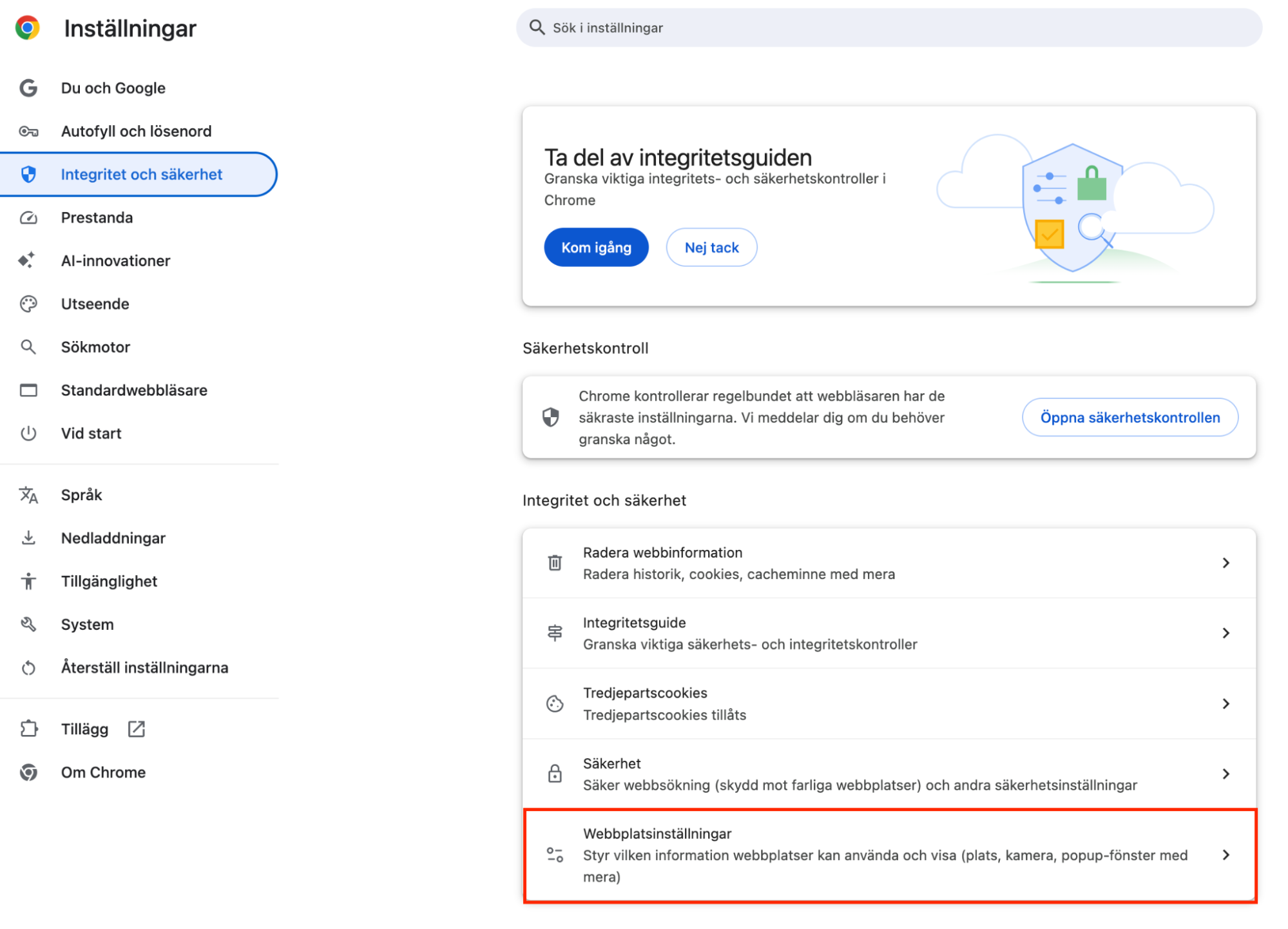 I Chromes inställningar, klicka på ‘Integritet och säkerhet’, gå sedan till 'Webbplatsinställningar', som låter dig styra olika aspekter av webbplatsers beteende.
