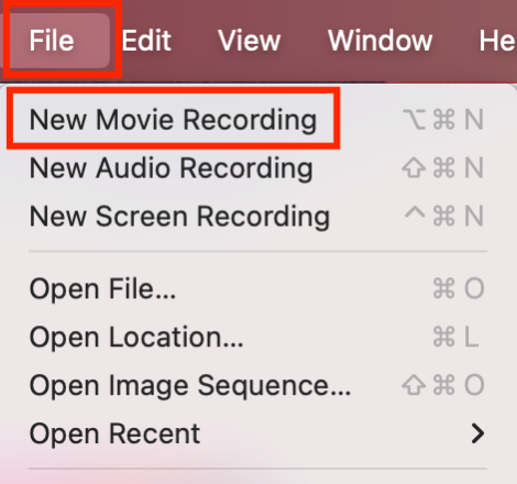 To mirror your iPhone on your Mac, launch QuickTime Player, click File, then select New Movie Recording.