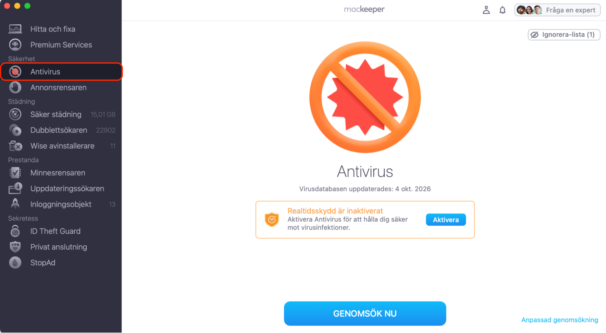Om du misstänker att du har skadlig programvara på din Mac, öppna MacKeeper och välj sedan verktyget Antivirus i sidomenyn.