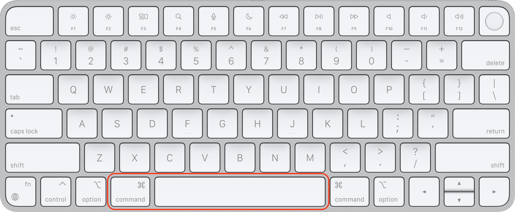 A Mac keyboard with Command and Space highlighted above the Spotlight Search bar to open the app launcher in macOS Tahoe Spotlight.