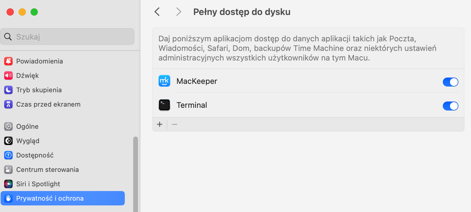 W sekcji Pełny dostęp do dysku przewiń listę, aż znajdziesz pozycję Terminal. Kliknij ikonę przełącznika, aby ją włączyć.