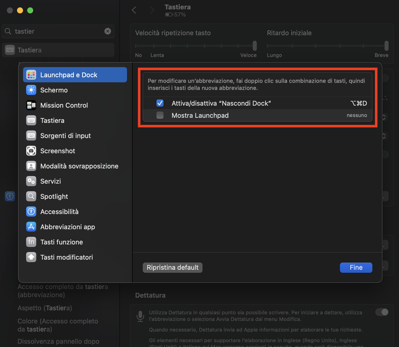 In Tasti modificatori puoi scegliere la funzione del tasto Comando sul tuo Mac. Assicurati che sia impostato sulla funzione Comando, come dovrebbe essere.