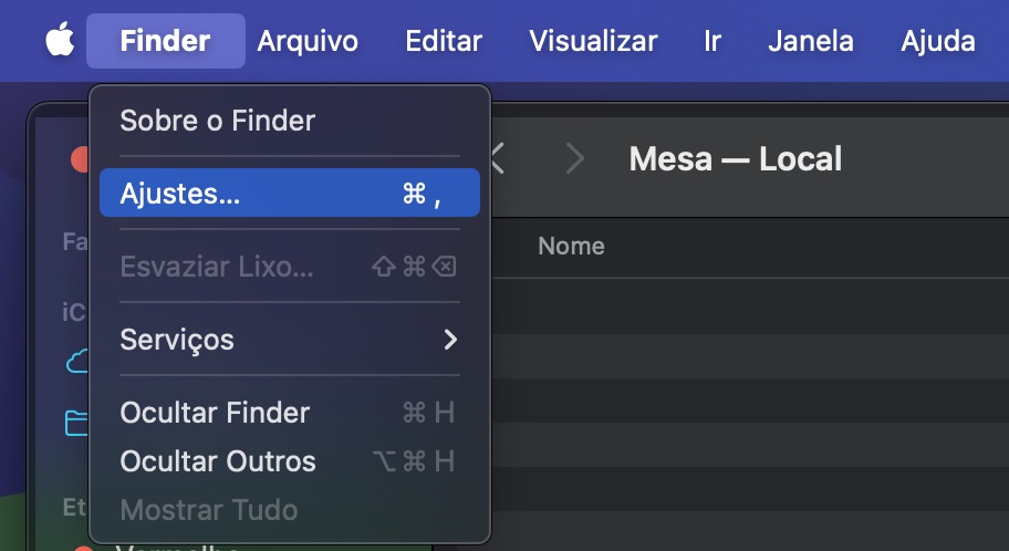 Abra uma janela do Finder e, em seguida, selecione Finder > Ajustes no menu. A partir daí, você poderá verificar se as unidades externas estão configuradas para aparecer.