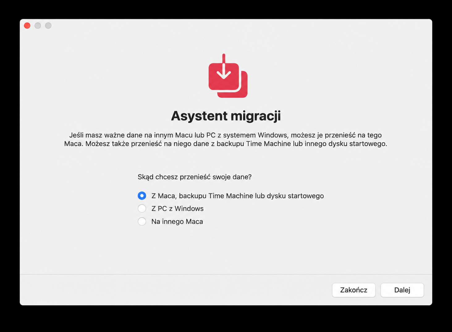 W Asystencie migracji wybierz Z Maca, kopii zapasowej Time Machine lub dysku startowego, a następnie kliknij przycisk Kontynuuj.