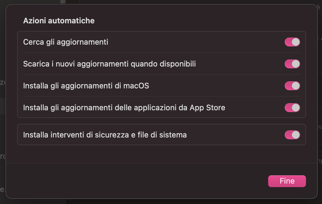 Una volta entrato nella sezione Aggiornamenti automatici del tuo Mac, assicurati di attivare tutte le opzioni necessarie per mantenere il dispositivo sempre aggiornato.