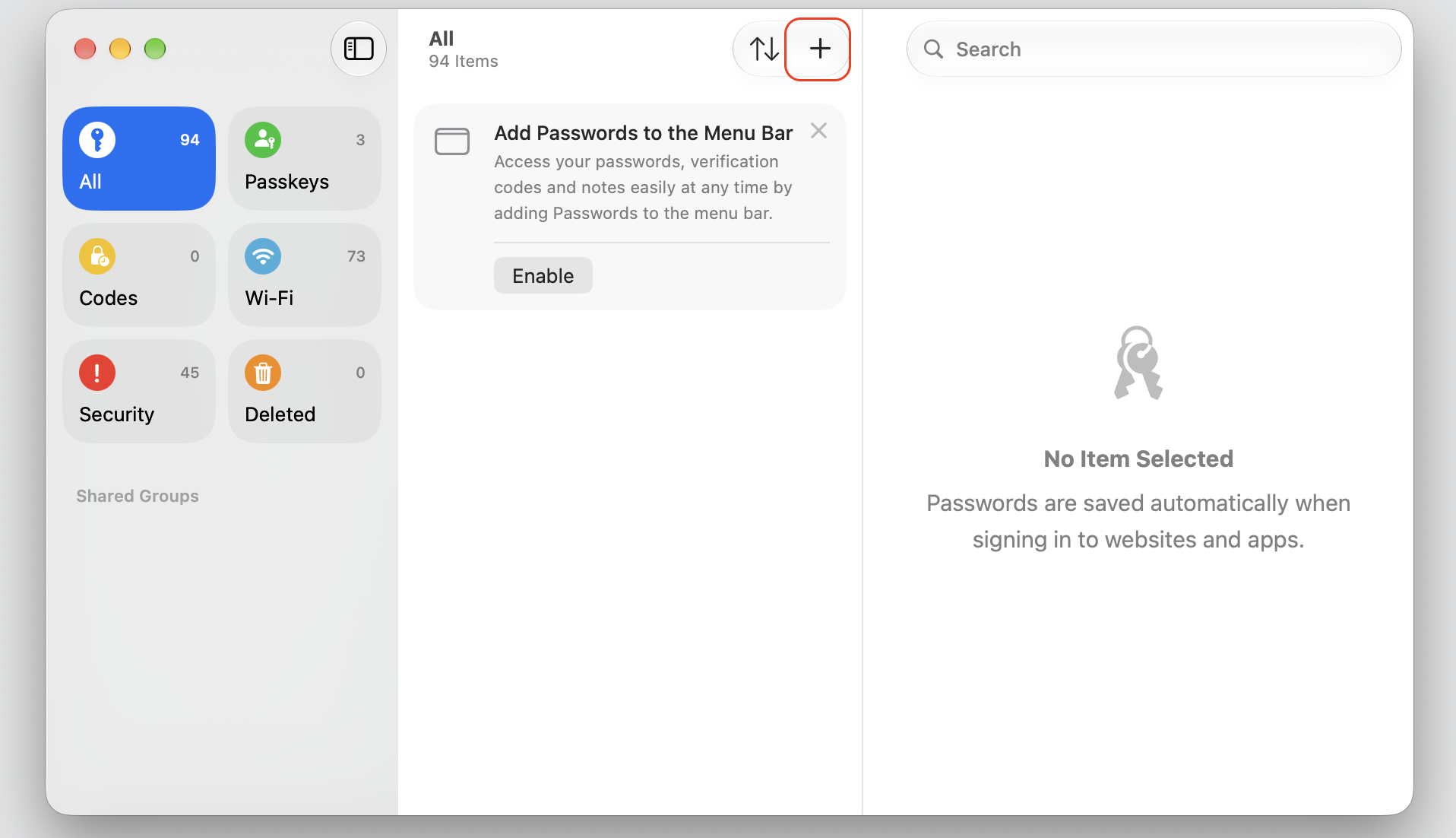The Passwords app on macOS Sequoia, clicking the add button to manually create a new iCloud Keychain login on your Apple computer.