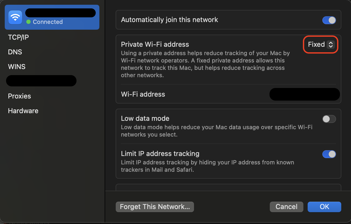 Toggle the Private Wi-Fi Address switch off and on to refresh your network connection and ensure your Mac communicates properly with online services.